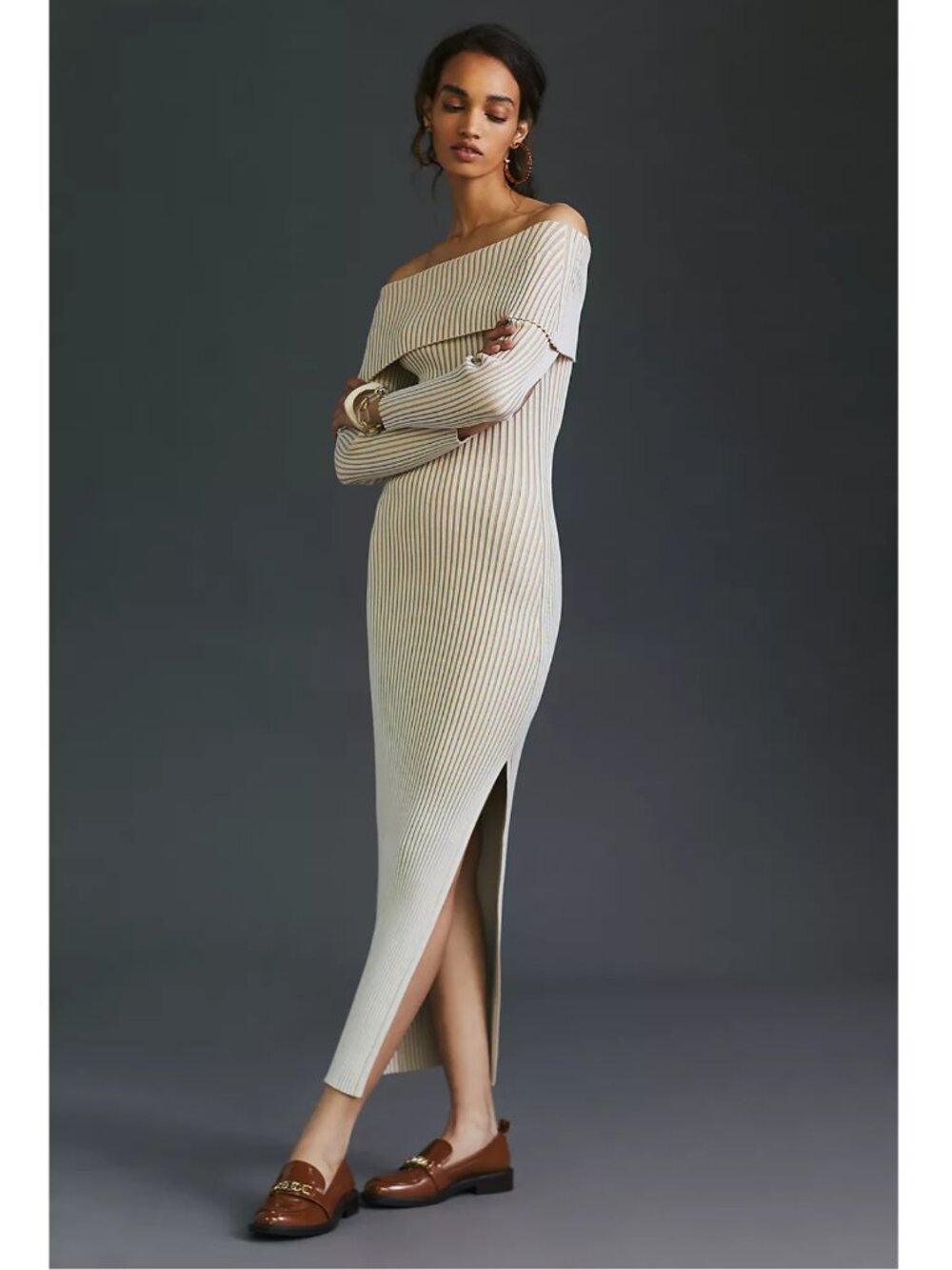 ANTHROPOLOGIE Off-The-Shoulder Ribbed Sweater Midi Dress Size S